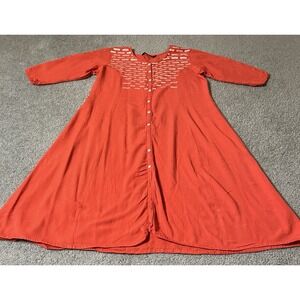 Varanga White Embroidery Dress XL Orange Rayon 3/4 Sleeves Buttons Beach Boho